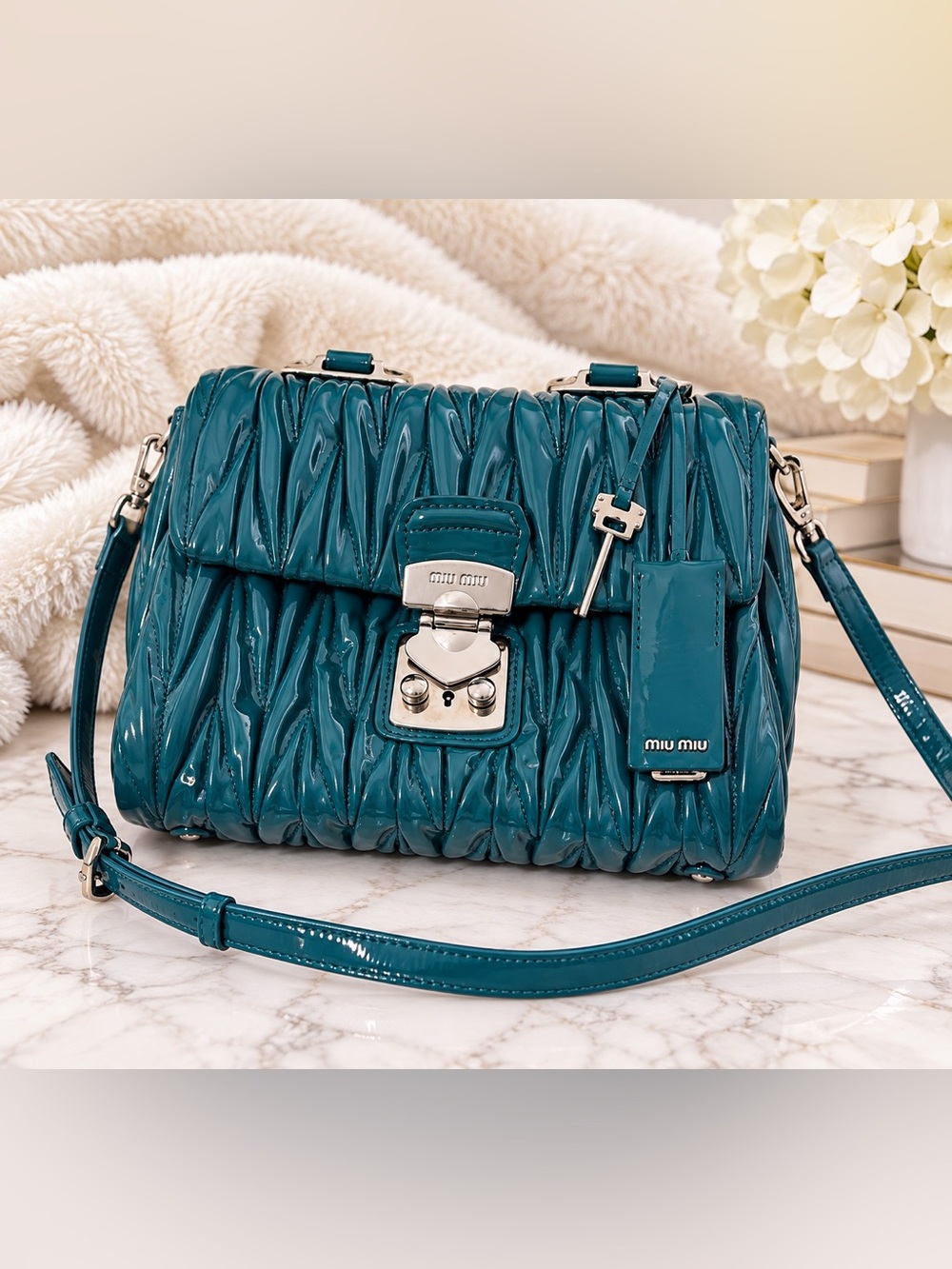 Miu Miu Teal Matelassé Patent Leather Top-Handle Bag - Picture 2 of 16